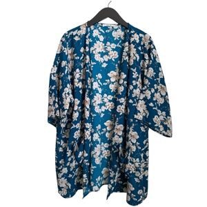 Jessy B Kimono Open Top Sz 1X Teal with White Flowers Loose Lightweight
